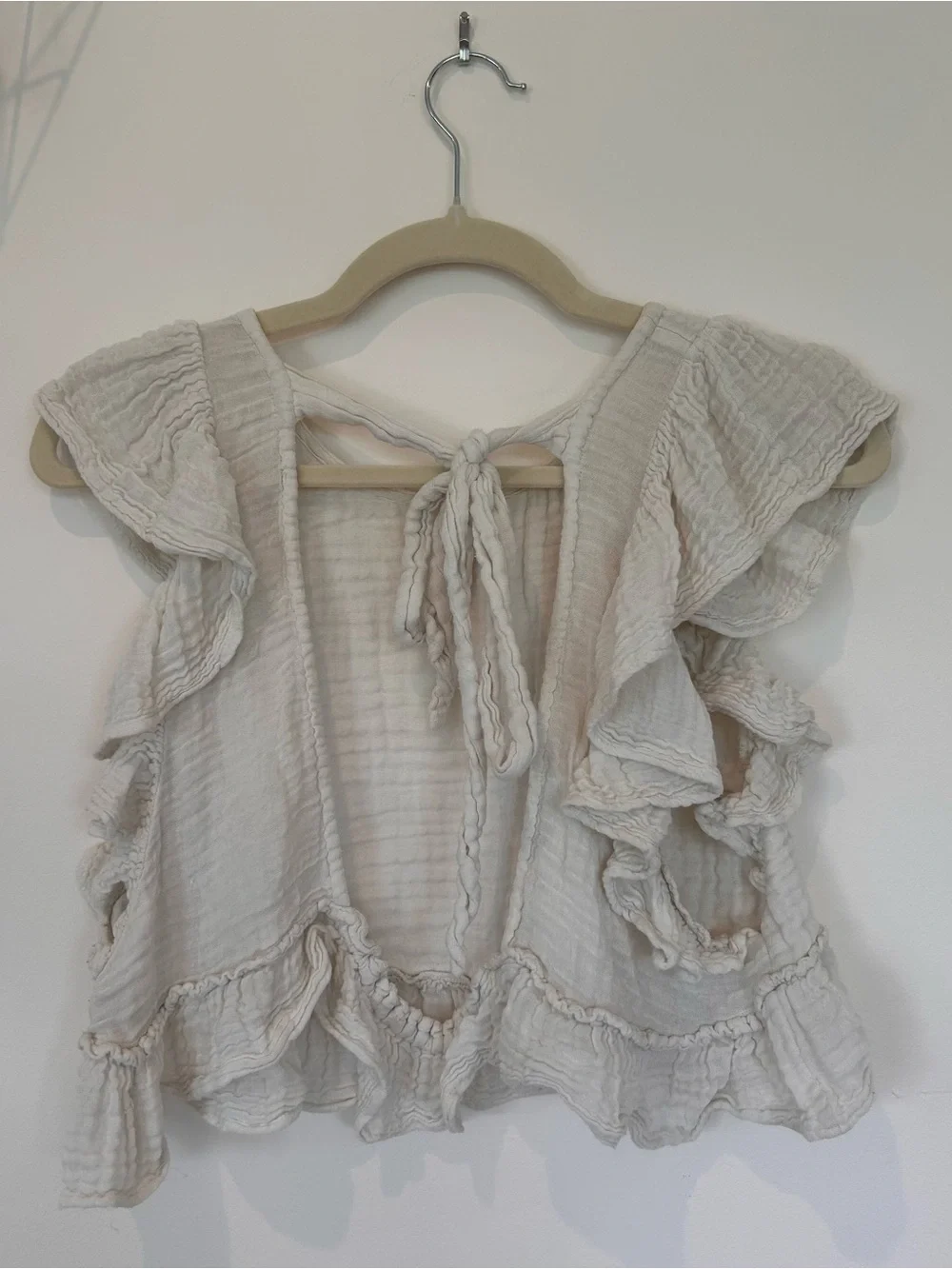 Free People Cream Gauze Ruffle Crop Top Tie-Back Boho Summer Sz S